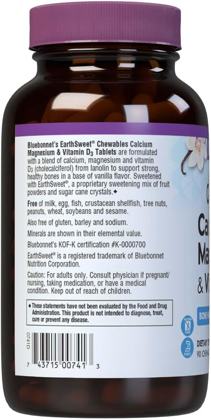 Bluebonnet Nutrition Calcium Magnesium Plus Vitamin D3 Earthsweet, Bone Health & Muscle Relaxation, Soy-Free, Gluten-Free, Kosher Certified, Dairy-Free, 90 Vanilla Flavored Chewable Tablets