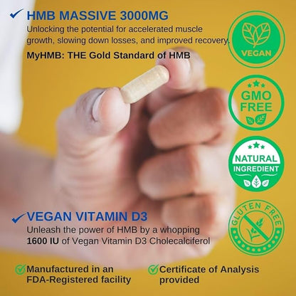 HMB 3000mg and Vitamin D3 Supplement Capsules per Serving *USA Made & Tested* Promotes Muscle Growth & Recovery - HMB Supplement and Vitamin D3 (1600 IU) - 120 Capsules 30 Servings
