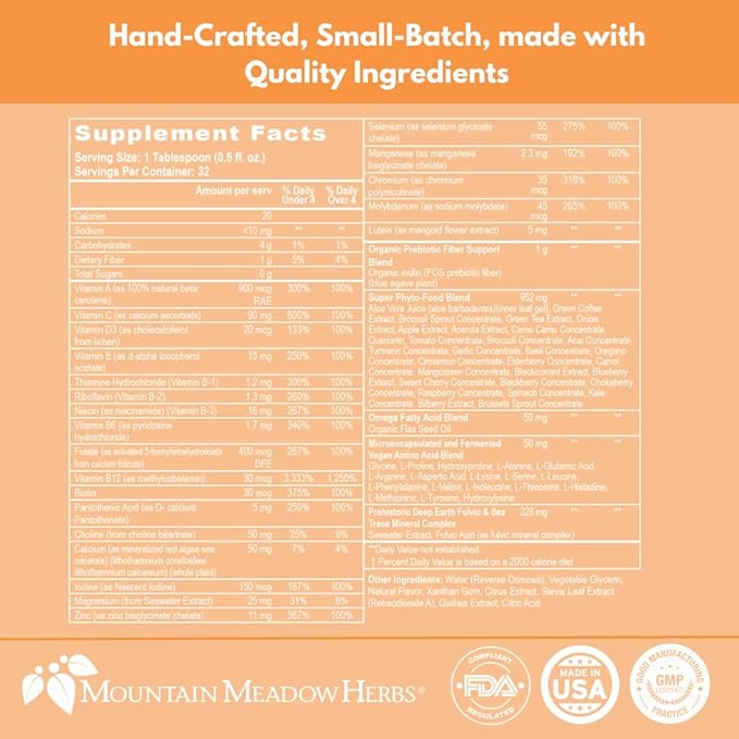 Mountain Meadow Herbs Children's Vita-Multi: Blended Vitamin & Mineral Supplement - Fast Absorbing Liquid Kids Vitamins with Fruits, Greens, and Eye-Protecting Lutein (16 oz.)