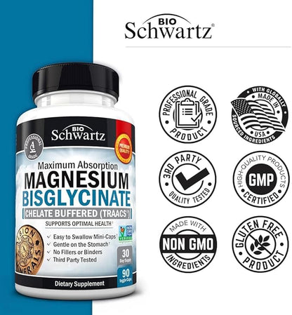 Magnesium Bisglycinate 100% Chelate No-Laxative Effect - Maximum Absorption & Bioavailability, Fully Reacted & Buffered - Healthy Energy Muscle Bone & Joint Support - Non-GMO Project Verified - 90 ct