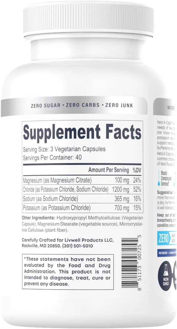 Keto K-Caps Electrolyte Capsules | Keto Approved Electrolyte Supplement | Hydrate Fast & Beat Leg Cramps | 700mg Potassium, Sodium, Magnesium | No Maltodextrin | 120 Caps