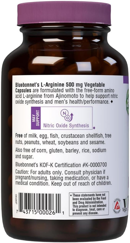 Bluebonnet Nutrition L-Arginine 500mg, Free-Form Amino Acid, Nitric Oxide Precursor*, Soy-Free, Gluten-Free, Non-GMO, Kosher Certified, Vegan, 100 Vegetable Capsules, 100 Servings, White