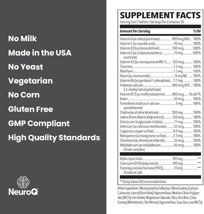 NeuroQ Daily Essentials Multivitamin - Fortified Mental Performance & Overall Wellness - Improve Memory & Focus - B-Complex, Vitamin D, Folate, CoQ10, Pantothenic Acid & More - 60 Capsules