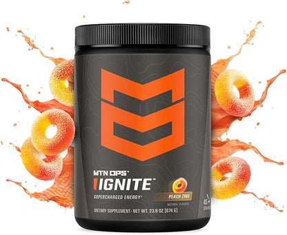 MTN OPS Ignite Energy Drink Powder, Gluten Free Nitric Oxide Supplement Drink Mix, L Arginine, L Citrulline, Caffeine & Nootropic Sugar Free Drink Mix, 45 Servings, Peach Zing