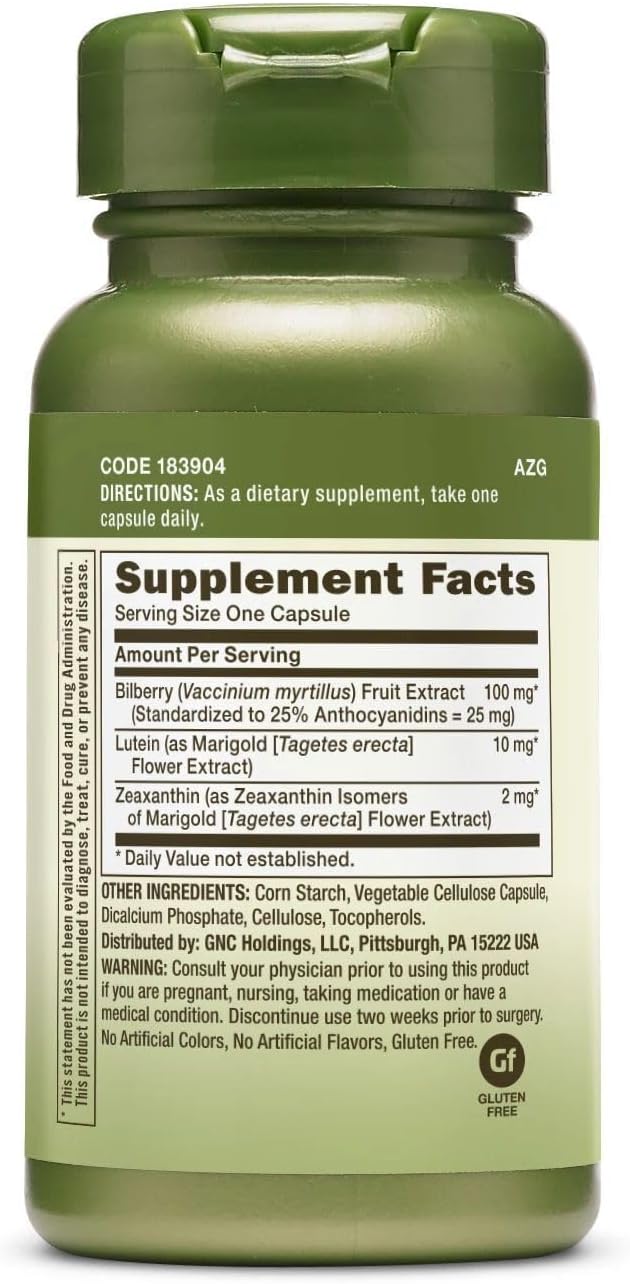 GNC Herbal Plus Bilberry Extract and Lutein Supplement, Vegetarian, Supports Eye and Vision Health, 60 Servings