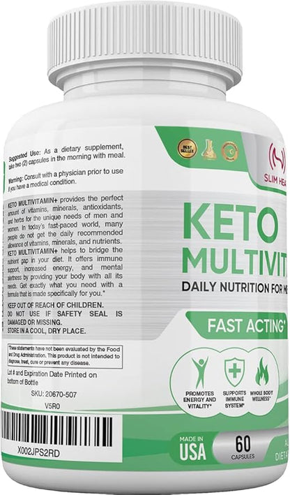 Keto Multivitamin for Women and Men - 35 Potent, Pure Ingredients - Vitamin C, Vitamin D, Vitamin A, Vitamin E and Zinc for Immune Support - Non GMO, Gluten Free, Sugar Free, All Natural - 30 Day