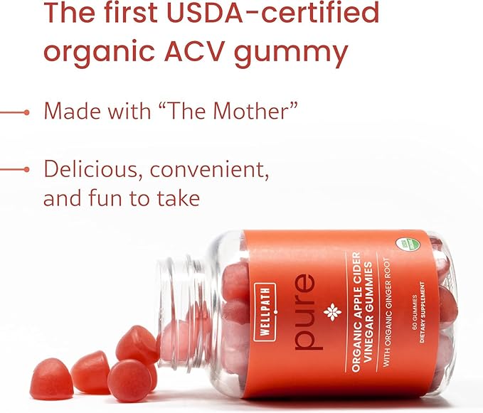 WellPath Organic Apple Cider Vinegar Gummies with The Mother - USDA Organic ACV Gummies - Ginger & Apple Cider Vinegar with Mother for Gut Health - Vegan, Non-GMO, 60 Ct by Pure