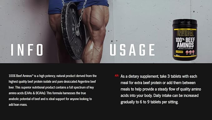 Universal 100% Beef Aminos Tablets | Pure Beef Amino Complex | Full Spectrum EAAs, BCAAs & Protein from Beef Protein Isolate & Pure Desiccated Argentine Beef Liver | 66 Servings, 200 Tablets