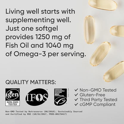 Sports Research Triple Strength Omega 3 Fish Oil - Burpless Fish Oil Supplement w/EPA & DHA Fatty Acids from Single-Source Wild Alaska Pollock - 1250 mg, 180 ct