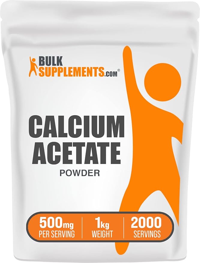 BulkSupplements.com Calcium Acetate Powder - Calcium Supplement, Calcium Acetate Supplement - Food Grade & Gluten Free, 500mg (125mg Calcium) per Serving, 1kg (2.2 lbs) (Pack of 1)