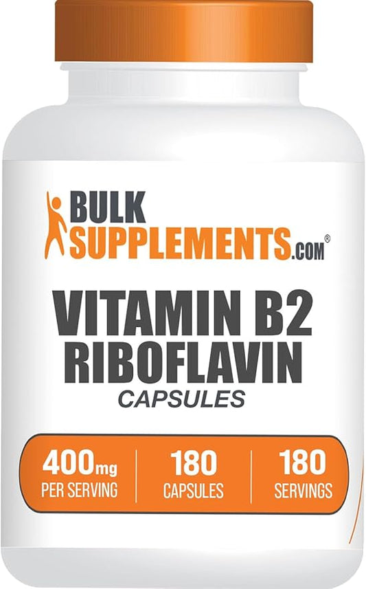 BulkSupplements.com Riboflavin Capsules - Vitamin B2 400 mg, Riboflavin 400mg - Essential B Vitamin, Gluten Free, 1 Capsule per Serving, 180 Capsules (Pack of 1)