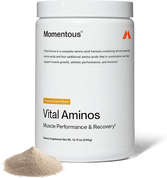 Momentous Vital Aminos Powder Supplement - BCAA & EAA, Tropical Punch - NSF Certified, GMO-Free, Gluten Free, 30 Servings (Package May Vary)