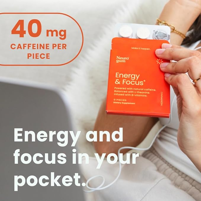NeuroGum Energy Caffeine Gum (54 Pieces) - Sugar Free with L-theanine + Natural Caffeine + Vitamin B12 & B6 - Nootropic Energy & Focus Supplement for Women & Men - Keto & Vegan, Cinnamon Flavor