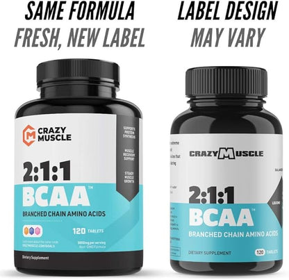 Crazy Muscle BCAA Pills with The Perfect 2:1:1 Ratio of Branched Chain Amino Acids Supplement - 1000mg of BCAAs per Pill (Better Than Capsules) 120 Tablets