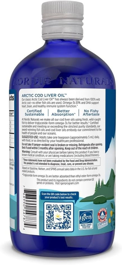 Nordic Naturals Arctic Cod Liver Oil, Orange - 16 oz - 1060 mg Total Omega-3s with EPA & DHA - Heart & Brain Health, Healthy Immunity, Overall Wellness - Non-GMO - 96 Servings