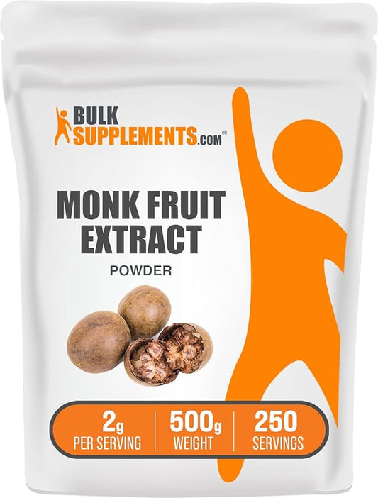 BulkSupplements.com Monk Fruit Extract Powder - Luo Han Guo Extract, Monk Fruit Without Erythritol - 250 Servings, Gluten Free, 2g per Serving, 500g (1.1 lbs) (Pack of 1)