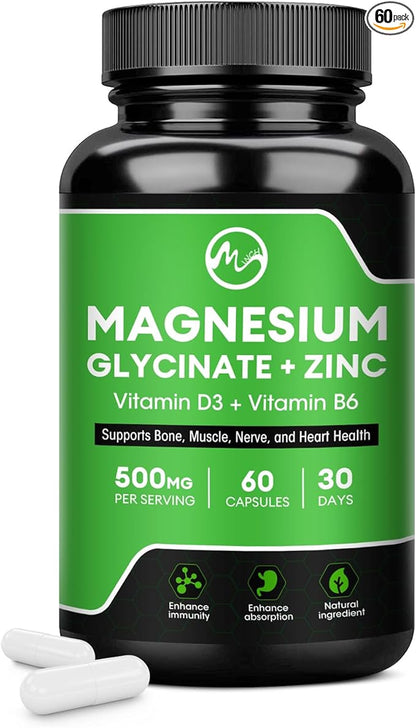 Magnesium Glycinate Capsules, Magnesium Glycinate Supplement with Magnesium Glycinate 500 mg, Zinc, Vitamin D3 & B6 - Promotes Nerve, Bowel, Relaxation Function - 60 Vegan Capsules