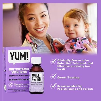 NovaFerrum Yum | Multivitamin with Iron for Infants, Toddlers & Kids | Immune Support | Ages 4 & Under | Gluten Free Certified | Sugar Free | Raspberry Grape | 50 Servings
