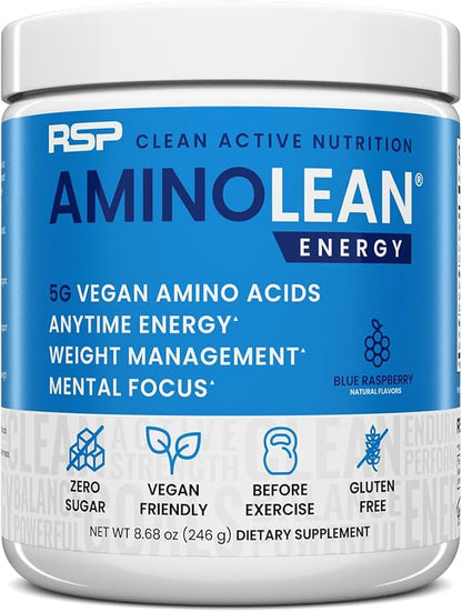 RSP NUTRITION AminoLean Pre Workout Powder, Amino Energy & Weight Management with Vegan BCAA Amino Acids, Natural Caffeine, Preworkout Boost for Men & Women, 30 Serv