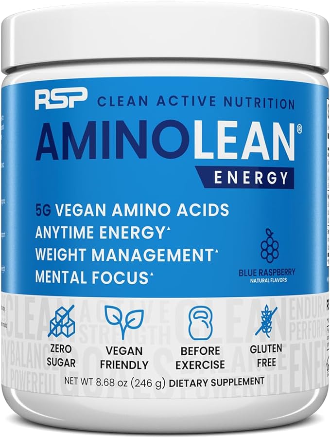 RSP NUTRITION AminoLean Pre Workout Powder, Amino Energy & Weight Management with Vegan BCAA Amino Acids, Natural Caffeine, Preworkout Boost for Men & Women, 30 Serv