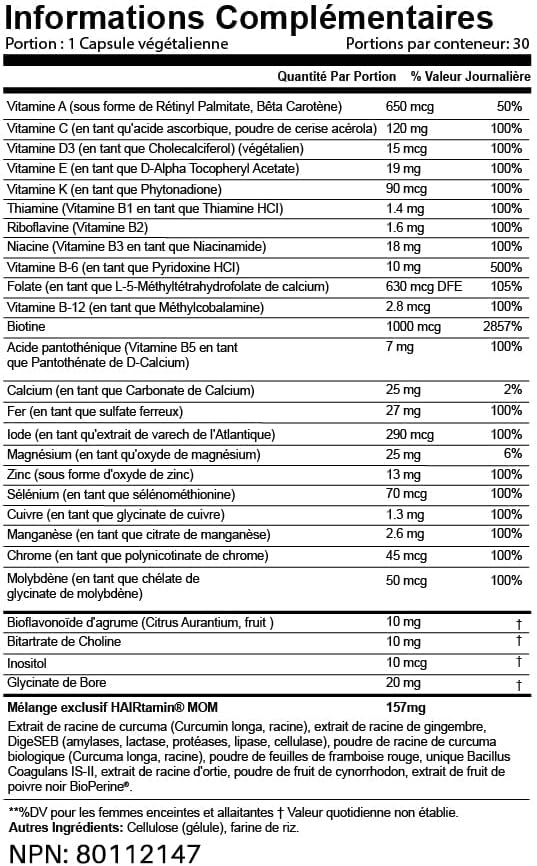 HAIRtamin MOM Vegan Prenatal & Postnatal Multivitamin Supplement & Hair Vitamin Pregnancy, Postpartum, Breastfeeding Probiotic One-a-Day Hair Vitamins with Biotin, Zinc, Iron (30 Counts)