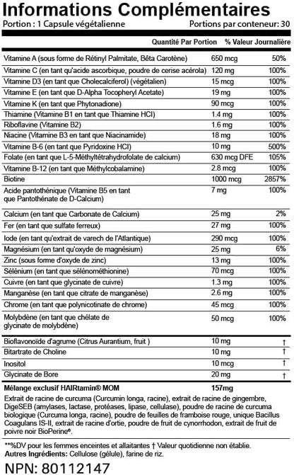 HAIRtamin MOM Vegan Prenatal & Postnatal Multivitamin Supplement & Hair Vitamin Pregnancy, Postpartum, Breastfeeding Probiotic One-a-Day Hair Vitamins with Biotin, Zinc, Iron (30 Counts)