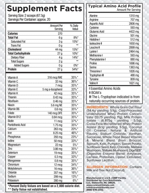 Core Nutritionals Platinum MRP Full Spectrum Meal Replacement, Sustained Release for All Day Amino Acid Support, 27G Protein, 20 Servings (Carrot Cake)