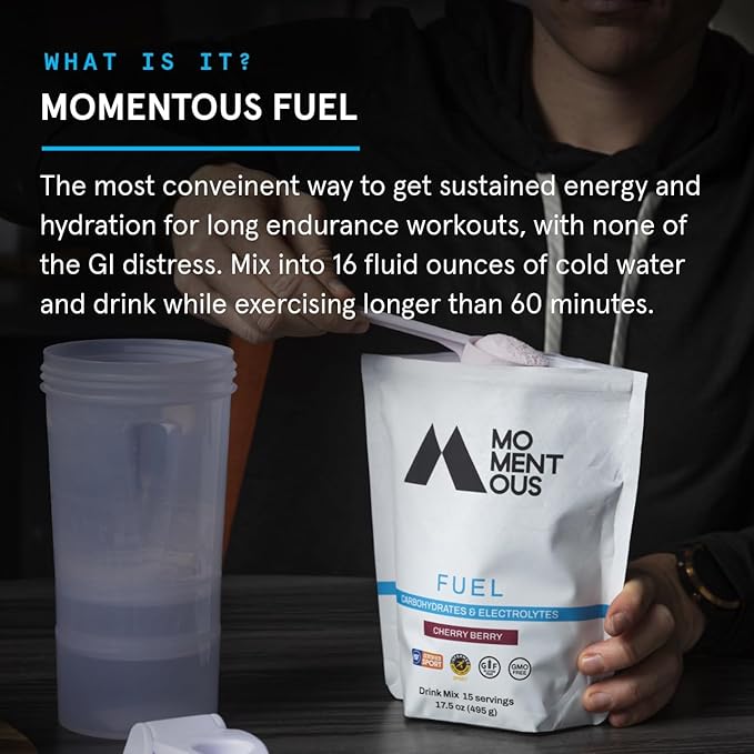 Momentous Fuel Intra-Workout Carbs & Electrolyte Drink Mix - Hydration Powder for Sustained Energy During Workouts - NSF Certified, GMO-Free, Gluten Free - 15 Servings, Cherry Berry