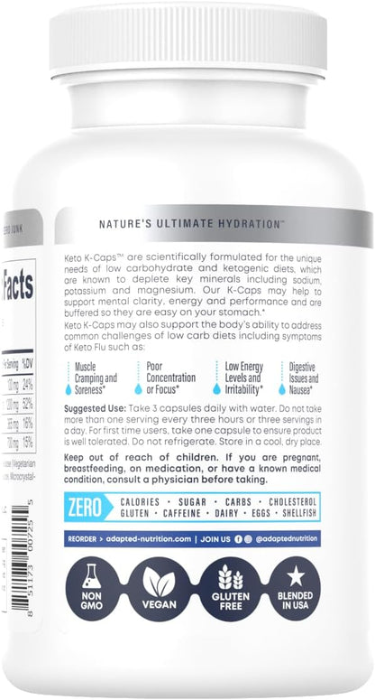 Keto K-Caps Electrolyte Capsules | Keto Approved Electrolyte Supplement | Hydrate Fast & Beat Leg Cramps | 700mg Potassium, Sodium, Magnesium | No Maltodextrin | 120 Caps