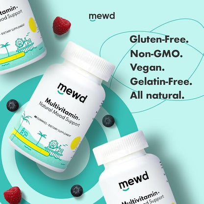 MEWD Adult Daily Multivitamin Gummy which Includes L-Theanine, Iron, Essential Vitamins, Vegan, Gluten Free, 60 Count
