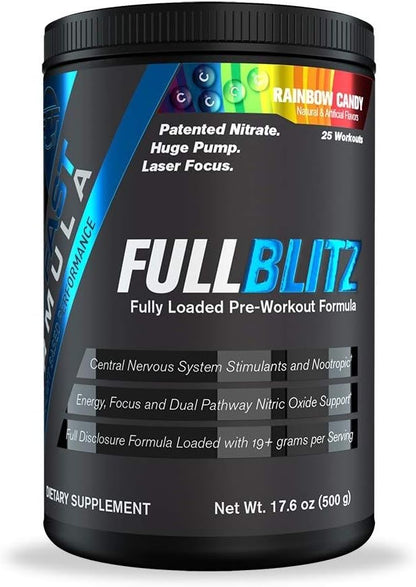 FULLBLITZ Fully Loaded Pre-Workout | Energy Booster + Huge Dual Pathway Nitric Oxide Boosting Muscle Pumps, Laser Focus & Nootropic Blend – 24 Workouts (Rainbow Candy)
