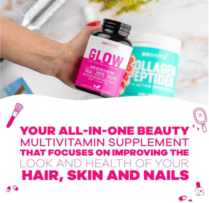 Glow Vitamins - Hair Skin and Nails Multivitamin Supplement - 10,000mcg Biotin Pills with Hyaluronic Acid, Folate, Iron, Magnesium, and Zinc - Boosts Collagen Production, Hair Growth, 180 Capsules