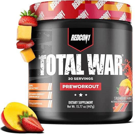 REDCON1 Total War Pre Workout - L Citrulline, Malic Acid, Green Tea Leaf Extract for Pump Boosting Pre Workout for Women & Men - 3.2g Beta Alanine to Reduce Exhaustion, Strawberry Mango, 30 Servings