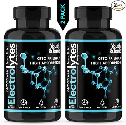 Complete Electrolyte Supplement w High Bioavailability and Cmax Chloride Potassium Magnesium for Endurance Muscle Recovery Mental Focus. Rapid Rehydration Salts and Keto Friendly Pills with 200 caps