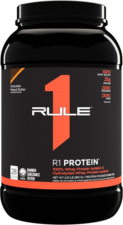Rule One Proteins R1 Protein - 25g Fast-Acting, Super-Pure 100% Isolate and Hydrolysate Protein Powder with 6g BCAAs (2 Pounds*, Chocolate Peanut Butter)