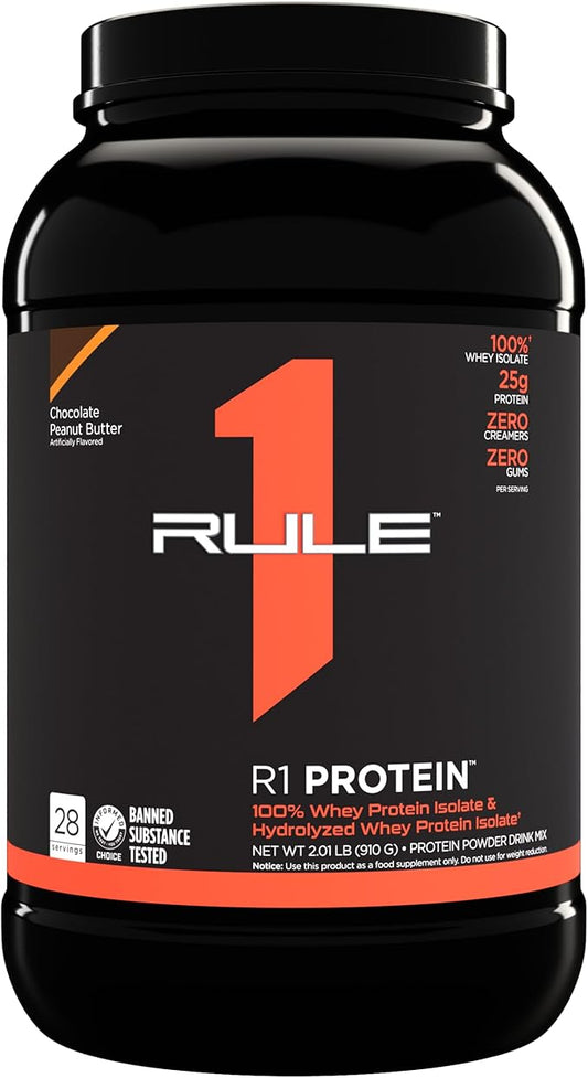 Rule One Proteins R1 Protein - 25g Fast-Acting, Super-Pure 100% Isolate and Hydrolysate Protein Powder with 6g BCAAs (2 Pounds*, Chocolate Peanut Butter)