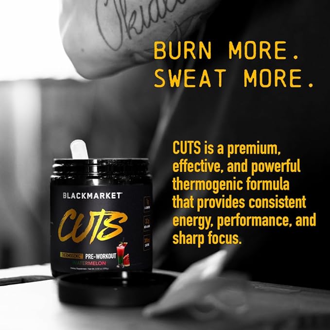 BLACKMARKET CUTS Pre Workout - Flavored Energy Powdered Drink Mix for Men & Women, Great for Muscle Definition, Thermogenic, Creatine Free (Watermelon, 30 Servings)