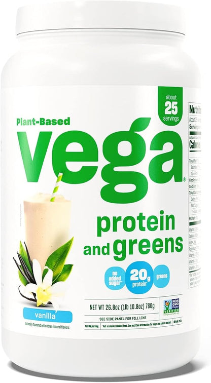 Vega Protein and Greens Protein Powder, Vanilla - 20g Plant Based Protein Plus Veggies, Vegan, Non GMO, Pea Protein for Women and Men, 1.7 lbs (Packaging May Vary)