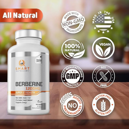 Smart Nutra Labs Premium Berberine HCL 1200mg- 180 Vegan Capsules, 100% Pure Berberine Supplement- Non-GMO, Gluten Free