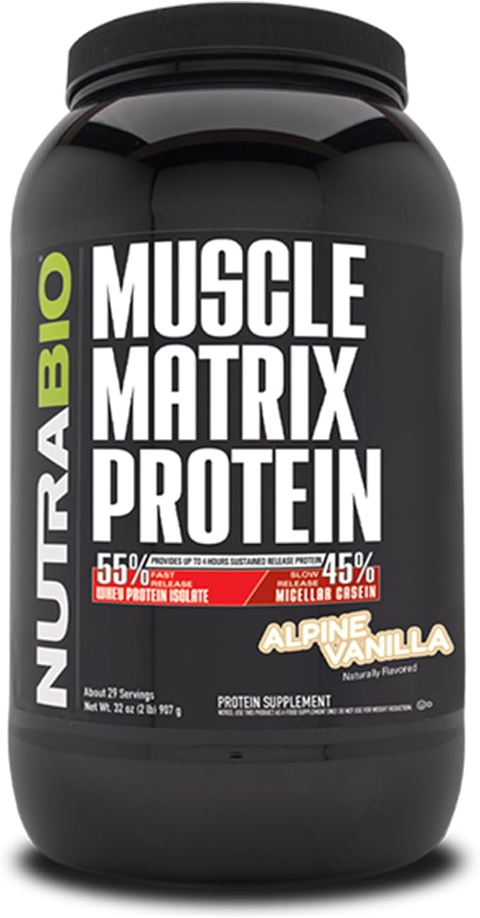 NutraBio Muscle Matrix Protein Powder - 25g of Protein Per Scoop - Whey Isolate and Micellar Casein Combo for Fast and Slow Release - Vanilla - 2 Pounds, 28 Servings