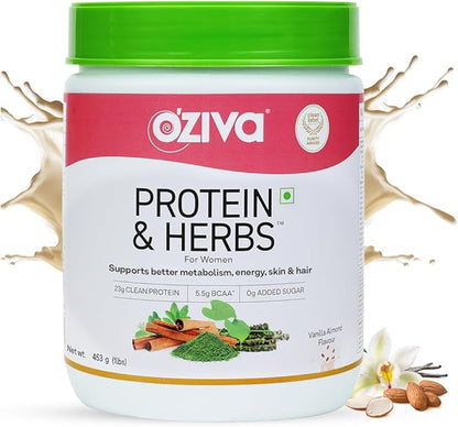 Protein & Herbs for Women | 1.1 Lbs (500 gm) with Multivitamins, Curcumin, Shatavari, Tulsi for Improved Metabolism, Hormonal Balance & Skin, Hair Health, Vanilla Almond (1.1 lb)