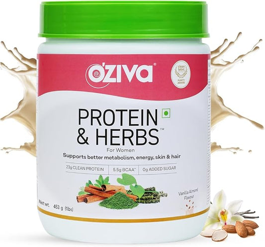 Protein & Herbs for Women | 1.1 Lbs (500 gm) with Multivitamins, Curcumin, Shatavari, Tulsi for Improved Metabolism, Hormonal Balance & Skin, Hair Health, Vanilla Almond (1.1 lb)