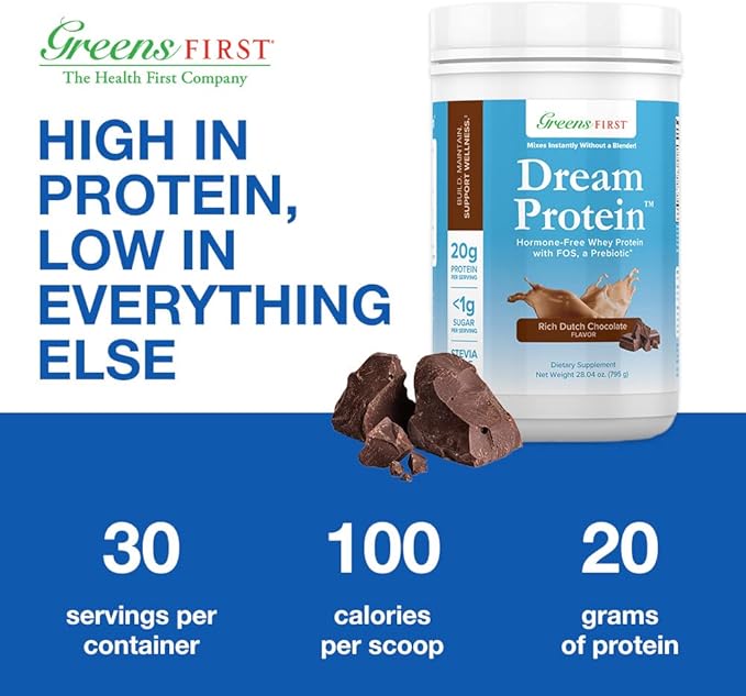 Greens First Dream Whey Protein Powder, Rich Dutch Chocolate, 30 Servings – 20 g Protein – Low Carb Powder – Hormone-Free, Non-GMO, No Artificial Sweeteners/MSG/Aspartame, 28.04 oz