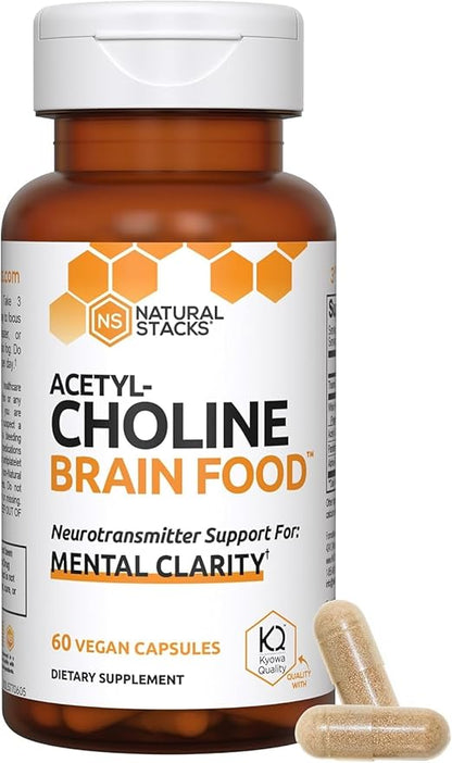 NATURAL STACKS Acetylcholine Brain Food with Alpha GPC Choline - Supports Mental Clarity - GPC Supplement & Focus Supplement for Faster Thinking & Clear Brain - 120 Acetylcholine Capsules