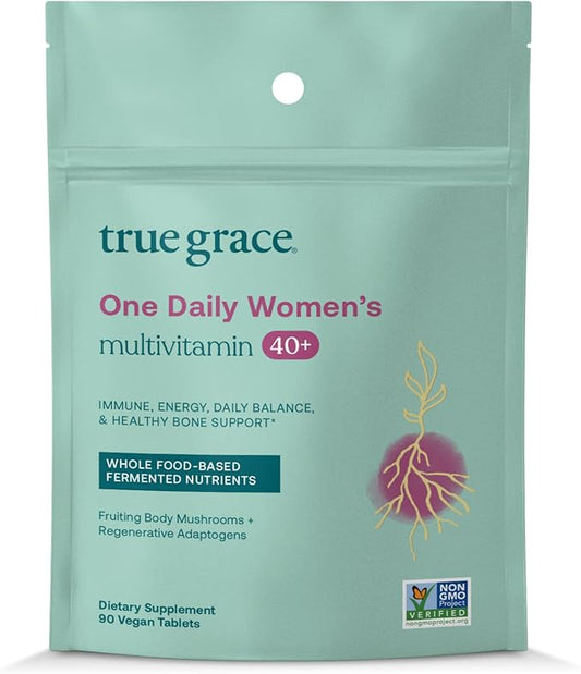 True Grace One Daily Women’s Multivitamin 40+ Fermented Minerals, Organic Adaptogens & Mushrooms Energy, Immune, Bone, Heart Support - Iron Free, Non-GMO, Gluten Free, Soy Free - 90 Vegan Tablets