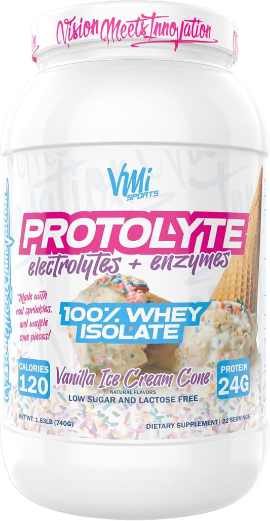 VMI Sports | Protolyte Whey Isolate Protein Powder | Low-Calorie 100% Whey Protein Isolate | Non-GMO Low Sugar Lactose Free and Gluten Free - 1.6 Pound (Vanilla Ice Cream Cone)