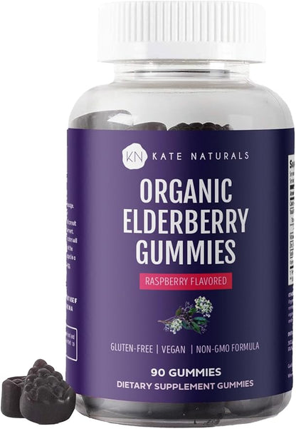 Kate Naturals Elderberry Gummies with Vitamin C and Zinc for Adults & Kids. Tasty Sambucus Elderberry Gummies for Immune Support (90 Gummies, 45 Day Supply, Organic)