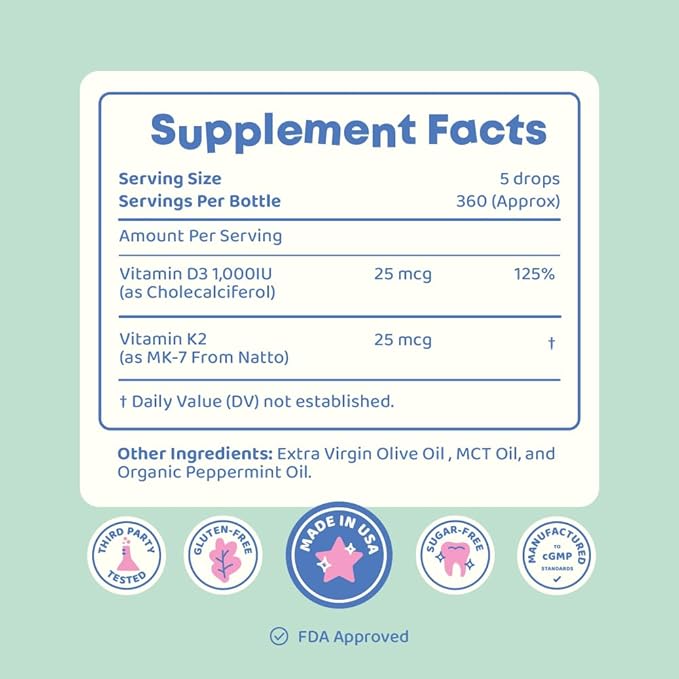 JoySpring Vitamin D3 Kids Drops with Vitamin K2 |360 Servings (2 fl oz)| Vitamin D Toddler Liquid Supplement | Children's Vitamin D Calcium Absorption & Joint Health Support | Vitamin D Kids Ages 3-18