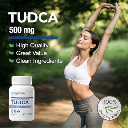 Puregen Labs TUDCA (Tauroursodeoxycholic Acid) 500mg per Serving, Bile Salts Liver Supplement | No Harmful Additives | Non-GMO | Gluten Free | Made in USA - Total 120 Vegetarian Capsules