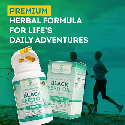 PurePremium Black Seed Oil 500mg - Organic Nigella Sativa Seeds - Cold Pressed Black Cumin Seed Oil Extract - Hair & Skin Blackseed Oil Supplement for Men and Women - 3 Months Supply - 90 Capsules